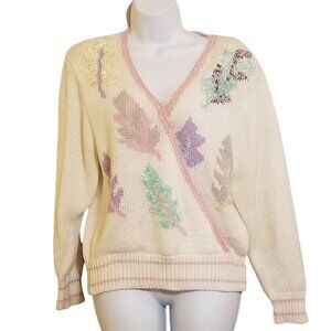Vintage 80s Womens Sweater M Embellished Leaves Pullover Pastel Cottagecore